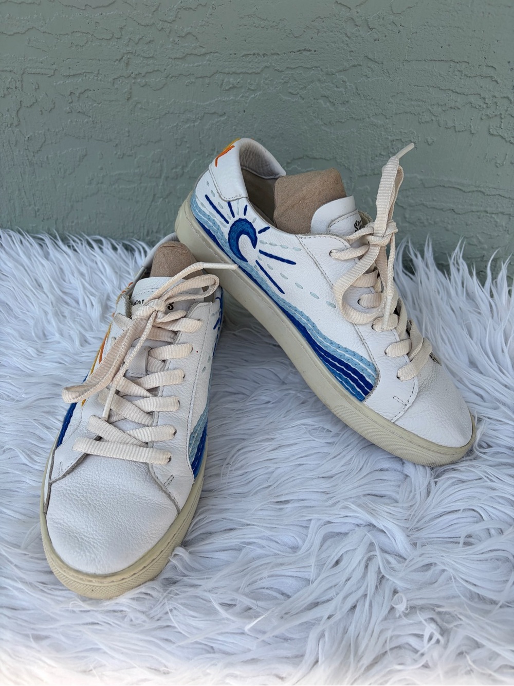 Soludos White Canvas Sneakers with Blue Wave and Yellow Sun Motif - Picture 3 of 8